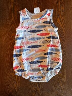Stitchy Fish Cute Fish Print Baby Bubble - Navy & Red on White